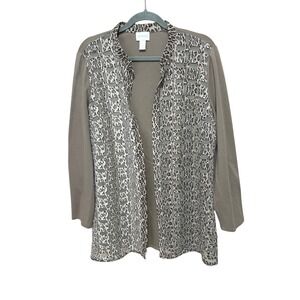 Chico's Leopard Print Sheer Mesh Cut-Outs Ponte Knit Cardigan Jacket Size 2 (L)